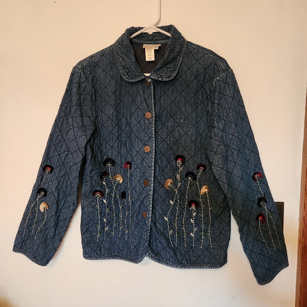 Coldwater Creek Quilted Floral Embroidered Button Down Jacket Size M